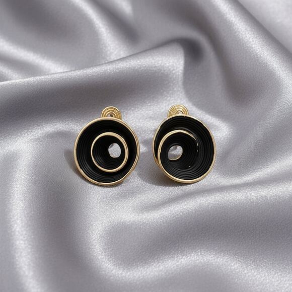 Clip on 1" comfort fit coil gold and black swirl earrings - Picture 1 of 4